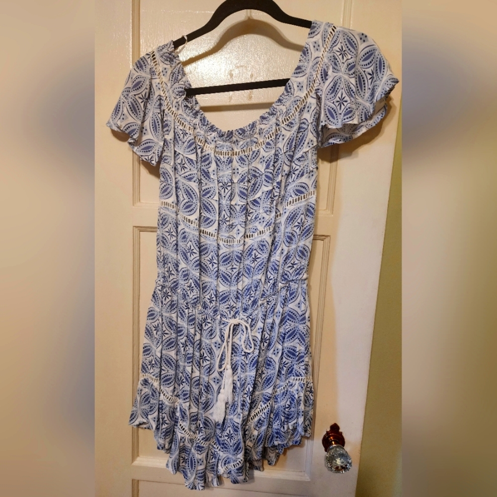Bohme Blue & White Romper Off-Shoulder with Tassel Drawstring